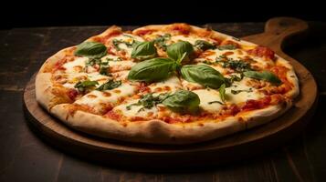 A close-up shot of a cheesy margherita pizza with fresh basil leaves, presented on a wooden board, against a dark wooden background, ideal for adding text. AI generated. photo