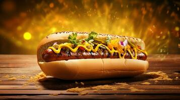 A delectable street-style hotdog with mustard and onions, presented on a retro lunch counter, against a faded patterned backdrop, offering a nostalgic atmosphere for adding text. AI generated. photo