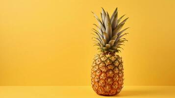 A pineapple with a golden hue placed on a soft yellow background, evoking warmth and sweetness, with an empty space perfectly suited for text. AI generated. photo