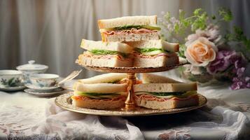 A delectable stack of finger sandwiches arranged on a tiered tray, presented on a lace tablecloth, against a faded patterned backdrop, offering an elegant atmosphere for adding text. AI generated. photo