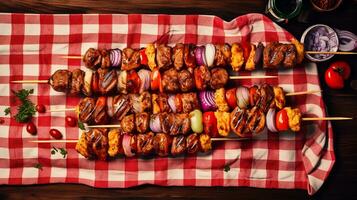 A delectable assortment of kebabs on a skewer, presented on a retro picnic blanket, against a faded patterned backdrop, offering a picnic-inspired atmosphere for adding text. AI generated. photo