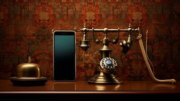 A composition of an intricately designed vintage telephone with brass accents and a modern touchscreen smartphone, set against a patterned wallpaper. AI generated. photo