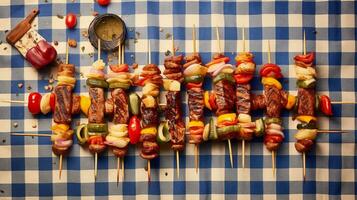 un delicioso surtido de kebabs en un brocheta, presentado en un retro picnic frazada, en contra un descolorido estampado fondo, ofrecimiento un inspirado en un picnic atmósfera para agregando texto. ai generado. foto