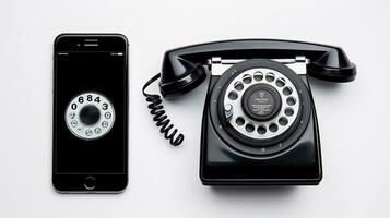 un yuxtaposición de un antiguo teléfono con un giratorio marcar y un contemporáneo teléfono inteligente con un vibrante pantalla, metido en un limpiar blanco fondo, ai generado, foto