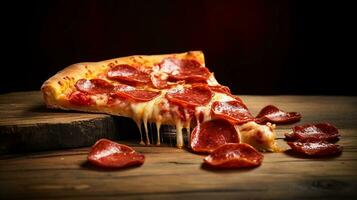 A mouthwatering slice of pepperoni pizza on a wooden pizza peel, placed against a rustic brick wall, creating a visually appealing scene with room for text. AI generated. photo