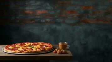 An indulgent deep-dish pizza with gooey cheese and rich toppings, resting on a vintage-style bar counter, against a textured tiled wall, allowing ample space for text. AI generated. photo