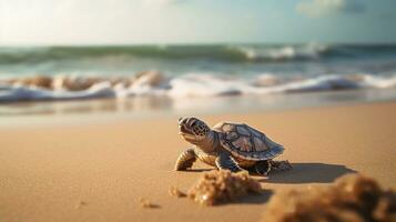 un dulce pequeño Tortuga haciendo sus camino a lo largo un arenoso playa, con amable Oceano olas en el fondo, dejando espacio para texto a capturar el esencia de el escena. ai generado. foto