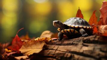 A tiny turtle nestled on a bed of fallen leaves, placed against a rough tree bark background, creating a charming scene with room for text. AI generated. photo