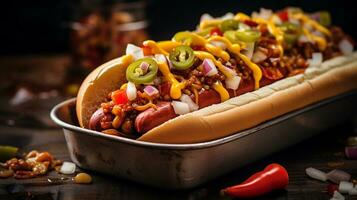 A tempting close-up of a loaded chili cheese hotdog with vibrant toppings on a vintage-style tray, set against a textured metal surface, leaving space for your custom text. AI generated. photo