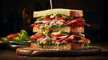 A mouthwatering triple-decker club sandwich with layers of turkey, bacon, lettuce, and tomato on a rustic wooden cutting board, placed against a weathered brick wall. AI generated. photo