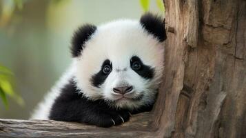 An endearing close-up of a baby panda cub cuddled up against a rough tree trunk, set against a lush bamboo forest background, creating an adorable scene with room for text. AI generated. photo