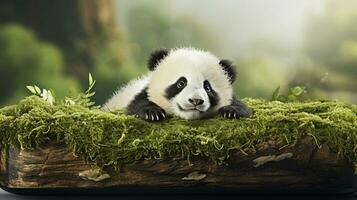 An adorable scene featuring a baby panda cub playfully rolling on a bed of soft moss, positioned against a textured fallen log, leaving space for your custom text. AI generated. photo