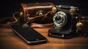 Old fashioned telephone and modern smartphone side by side, AI generated. photo