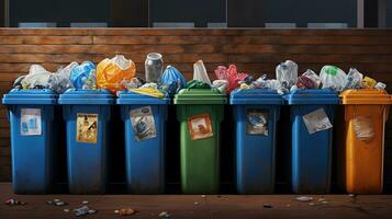 A depiction of overflowing recycling bins with mixed plastic materials, highlighting the challenges and complexities of plastic recycling systems. AI generated. photo