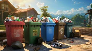 A depiction of overflowing recycling bins with mixed plastic materials, highlighting the challenges and complexities of plastic recycling systems. AI generated. photo