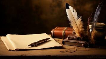 A collection of antique-style stationery items with space for text, including quill pens and parchment, placed on a textured wooden table. AI generated photo