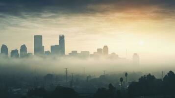 A photograph capturing a city skyline obscured by smog, illustrating the detrimental impact of air pollution on public health and the atmosphere. AI generated. photo