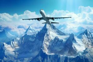 airplane flying over mountain range at high speed photo