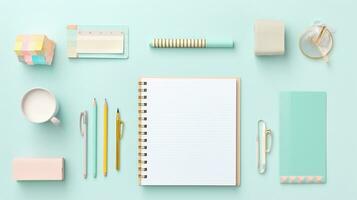 An artistic capture of stationery accessories, such as paper clips, washi tape, and a planner, arranged creatively on a pale blue background. AI generated. photo