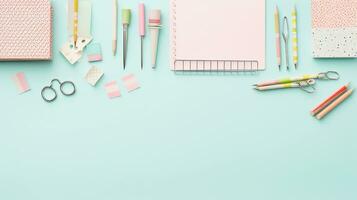 An artistic capture of stationery accessories, such as paper clips, washi tape, and a planner, arranged creatively on a pale blue background. AI generated. photo