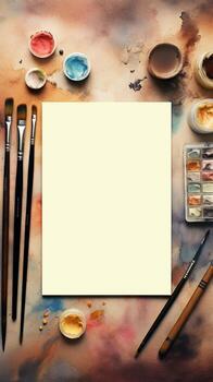An artistic composition of stationery tools like watercolor brushes, paint tubes, and a sketchbook with space for text, positioned on a canvas-textured surface. Vertical, AI generated. photo