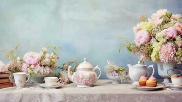 A charming garden tea party setup with a vintage table, teacups, and a profusion of blooming flowers, set against a textured, pastel-colored background. AI generated photo