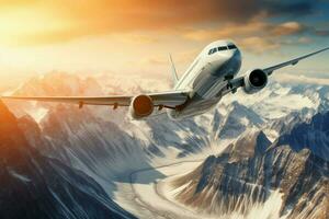 airplane flying over mountain range at high speed photo