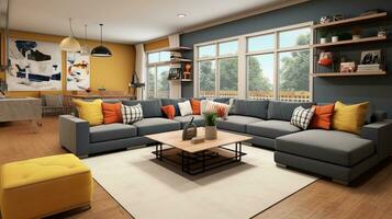 A contemporary family room with a focus on comfort and functionality, showcasing a comfortable sectional sofa, playful decor elements, and a dedicated play area for kids. AI generated photo