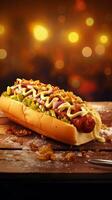 A delectable street-style hotdog with mustard and onions, presented on a retro lunch counter, against a faded patterned backdrop, offering a nostalgic atmosphere for adding text. AI generated photo
