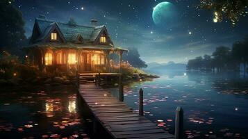 un soñador escena de un encantador casa encaramado en el borde de un reluciente lago. el casa aparece a flotador en el agua, con un brillante ruta líder a sus puerta. ai generado foto