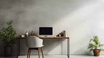 A contemporary home office setup with a sleek computer, desk accessories, and a plant, positioned on a textured concrete surface, AI generated photo