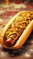 A delectable street-style hotdog with mustard and onions, presented on a retro lunch counter, against a faded patterned backdrop, offering a nostalgic atmosphere for adding text. AI generated photo