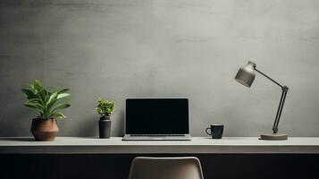 A contemporary home office setup with a sleek computer, desk accessories, and a plant, positioned on a textured concrete surface, AI generated photo