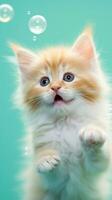 A fluffy ginger kitten with striking blue eyes playfully batting at a soft pastel ball with space for text, set against a gentle mint green background, AI generated photo