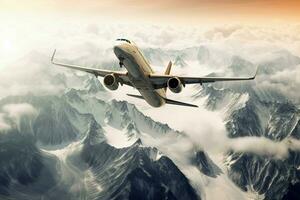 airplane flying over mountain range at high speed photo