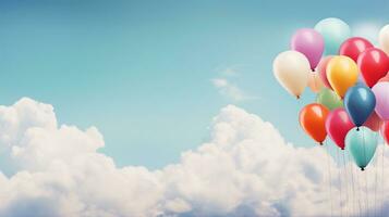 A joyful scene of colorful balloons ascending into a textured sky filled with fluffy clouds. The balloons are whimsically arranged against the backdrop. AI generated photo