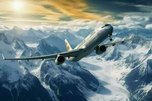 airplane flying over mountain range at high speed photo