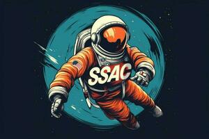an astronaut in a space suit with a logo that sayss photo