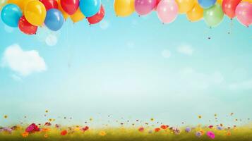 A lively arrangement of balloons in bright and cheerful colors against a textured, confetti-filled background. AI generated photo