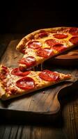 A mouthwatering slice of pepperoni pizza on a wooden pizza peel, placed against a rustic brick wall, creating a visually appealing scene with room for text. AI generated photo