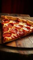 A mouthwatering slice of pepperoni pizza on a wooden pizza peel, placed against a rustic brick wall, creating a visually appealing scene with room for text. AI generated photo