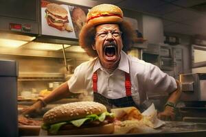 enojado hostil rápido comida empleado hamburguesa Rey haciendo foto