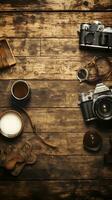 A photographer's workspace with a camera, lenses, and vintage photography equipment, situated against a weathered wooden background with a patina, AI generated. photo