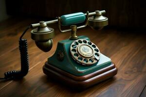 antique rotary phone on wood table nostalgia decor photo