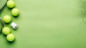 un temática de tenis fondo de pantalla presentando tenis raquetas y pelotas en un ligero verde texturizado Corte fondo, ofrecimiento un sofisticado y deportivo escena. ai generado foto