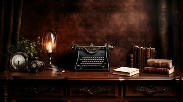 A vintage writing desk with an antique typewriter, books, and a leather-bound journal, placed against a richly textured mahogany backdrop, AI generated photo