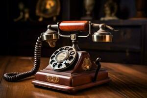 antique rotary phone on wood table nostalgia decor photo