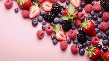 A wallpaper adorned with juicy berries like strawberries, blueberries, and raspberries on a softly textured pink backdrop, AI generated photo
