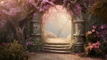 An enchanting garden entrance framed by a textured floral arch, with a whimsical path leading to the unknown. AI generated photo