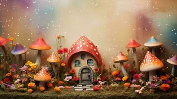 A whimsical garden scene filled with tiny fairy houses, toadstool mushrooms, and colorful flowers, set against a textured background resembling aged paper. AI generated photo